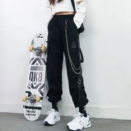 Women's Pants Capris Women Cargo Pants Harem Pants Fashion Punk Pockets Jogger Trousers With Chain Harajuku Elastics High Waist Streetwear 230316