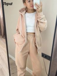 Women's Two Piece Pant Fleece Coat Sets Solid Drawstring Zip Sweatshirt And Straight Trouser Suits Female Casual Warm Sports Outfits 230314