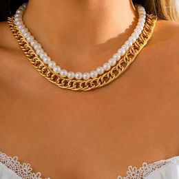 Choker Chokers Lacteo Hip Hop Gold Colour Cuban Link Chain Necklaces Trendy Clavicle Imitation Pearl Necklace For Women/Men Jewellery Gifts Blo