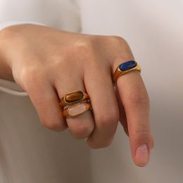 Anillo de piedra natural de acero inoxidable vintage azul retro lapis ojo tigre y piedra preciosa de cuarzo rosa anillo de dedo índice de oro de 18 km