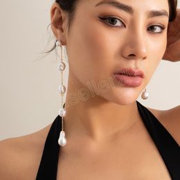 Korean Fashion Simulated Pearl Long Dangle Earrings for Women Elegant Tassel Link Drop Earrings Wed Jewellery Gift