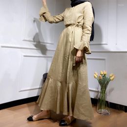Ethnic Clothing Linen Women Long Shirt Sweet Dress Lapel Flare Sleeve Modest Turkish Abaya Dubai Pakistani Ruffle Robe