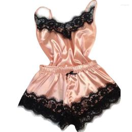 Women's Sleepwear 2023 Women Bow Sleeveless Strap Nightwear Lace Trim Satin Cami Top Pajama Sets Femme Sexy Lingerie Pyjamas