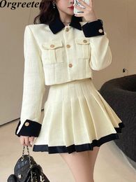 Two Piece Dress Tweed Ensemble Femme Vintage Collision Color Crop Blazer Skirts Suit Female Long Sleeved Jacket Pleated Skirt conjuntos de mujer 230316