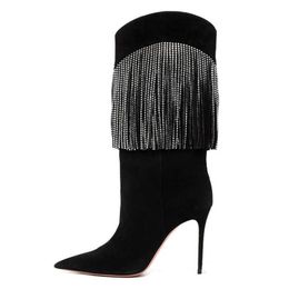 Fahsion Long Rhinestone Tassel Mid Boots Stiletto High Heels Pointed Toe Suede Runway Boots Women Slip on Fringed Botas 0316