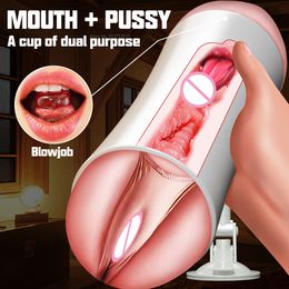 Masturbators Hand Free Male Masturbator Cup Vaginal Oral Sex Dual Channel Vibrating Masturbation Mouth Blowjob Toys for Men 230314