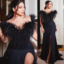 Arabic Aso Ebi Black Mermaid Prom Dresses Feather Satin Sexy Evening Formal Party Second Reception Birthday Engagement Bridesmaid Gowns Dress Zj1144 407