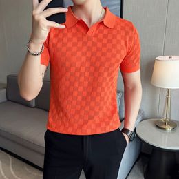 Men's Polos Summer Thin Ice Silk Knitted Polo Shirts Mens Elasticity Mesh Casual T Shirt Male Short Sleeve O-Neck Slim Fit Breathable Polos 230316