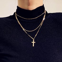 Choker Vintage Cross Multilayer Chain Necklace For Women Shiny Gold Color Clavicle Necklaces Fashion Minimalist Jewelry Accessories