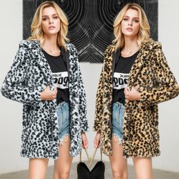 Women's Fur & Faux Mandylandy Winter Fleece Leopard Print Hooded Coat Hoodies Ladies Casual Fashion Long Sleeve Loose Jacket Outwear