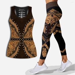 Women's Tanks Country Girl Hollow Tank Top And Leggings Set For Women Yoga Pants Print Sport Suit 4 Styles Plus Size XS-8XL