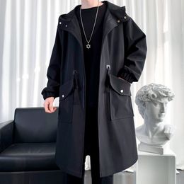 Men's Trench Coats Streetwear Spring Autumn Hooded Trench Coats Men Fashion Windbreaker Long Men's Jacket 230316