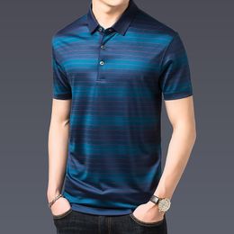 Men's Polos Minglu Mulberry Silk Summer Golf Men's Polo Shirts Luxury Short Sleeve Striped Casual Male T-shirts Simple Slim Man Tees 3XL 230316