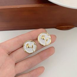Backs Earrings White Round Button Clip On Without Ear Holes Simple Temperament Retro French Flower For Women Female