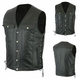 Mens Vests Men Side Lace Denim Style Biker Motorcycle Leather Vest Gun Pockets 230313