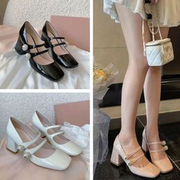 Miui Vintage Mary Jane Shoes Women Chunky Heel Leather Shoe Square Toe Pumps Female Pearls Casual Vacation Banquet Ladies High Heels Shoes