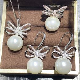 Bowknot Pearl Diamond Jewellery set 925 Sterling Silver Engagement Wedding Rings Earrings Necklace For Women Bridal Promise Gift