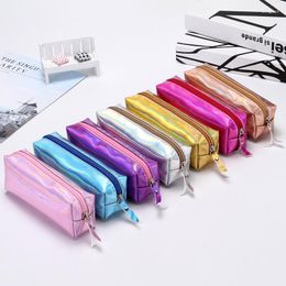 Fashion Waterproof Metallic Colour Laser Faux Leather Pencil Case Purse Lady Cosmetics Bag Girl Handbag Zipper Pencilcase Wallet