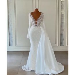 Sexy Sparkly Mermaid Wedding Dresses Pearls Beading Sheer V Neck Long Sleeve Beads Bridal Gowns Robe De Soiree