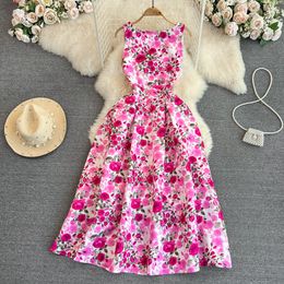 Gentle Style Ladies Tank Top Dress Summer Korean Sleeveless Round Neck Slim Waist Length A-line Fragmented Flower Dress