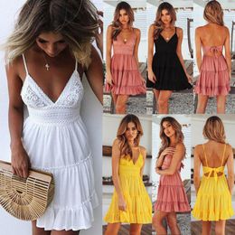 Casual Dresses Womens Sexy Strappy Ruffle Lace Mini Dress Party Beach Holiday Swing Sundress