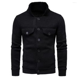 Men's Sweaters Knitted Sweater Coat Autumn Warm Solid Color Single-breasted Buttons Cardigan Elastic Knitting Turn-down Collar