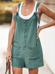 wangcai01 Rompers Women Button Jumpsuit Casual Solid Cotton Linen Jumpsuit with Pockets Lady Summer Regular Fit Sevess Jumpsuit Romper 0316H23