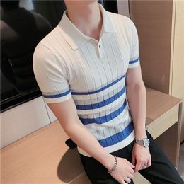 Men's Polos British Style Men's Fashion Lce Silk Stripe Knitting POLO Shirts/Male Slim Fit Short Sleeve Leisure POLO Shirts S-3XL 230316