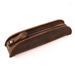 Pencil Bag Handmade Nature Genuine Leather Pen Pouch Retro Vintage Style Cowhide Zipper Case Gift Stationery 21.5 4.5 Cm