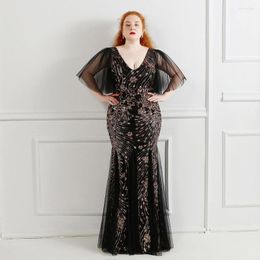 Plus Size Dresses Black Wedding Dress Women Winter V Neck Short Sleeve Sequined Glitter Evening Party Maxi Mermaid