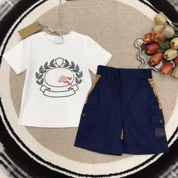 23ss designer brand kids t-shirt shorts set boys Round neck Pure cotton logo print short sleeves lattice splicing Shorts suit High quality kid clothing a1