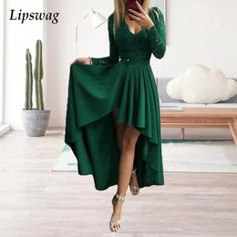 Casual Dresses Women Autumn Fashion Long Sleeve Sexy Lace Bodycon V Neck Patchwork Party Elegant Ruffle Design Irregular Dress