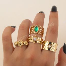 4Pcs Green Crystal Rings Set for Women Gold Plated Vintage Aesthetic Geometric Luxury Anillos Lady Jewelry Gifts