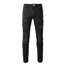 Men's Jeans Arrival Men's Distressed Black Streetwea High Stretch Skinny Tie Dye Bandana Patchwork Destroyed Slim Fit Jeans Pants Men 230316