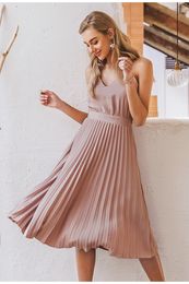 Casual Dresses Elegant Solid Split Zip Up Summer Dress Ladies Causal Sleeveless Pleated High Waist Midi Dress Women Party Dress Fashion Outfits 230316