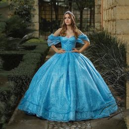 Sky Blue Off The Shoulder Quinceanera Dresses 2024 Ball Gown Shiny Sequined Formal Party Dress Sweet 15 Vestidos Elegant Prom Dress