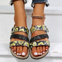 Sandals Daily Flat Slippers Stylish Metal Buckle Sequin Decorate Leather Design Women Slides Comfortable Cork Sole