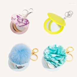 Keychains Portable PU Multi-color Makeup Mirror Gift Key Chain Hair Ball Butterfly Pattern Flower Shape Multifunctional Keychain