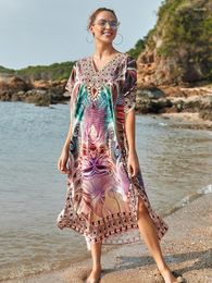 Women's Swimwear Kaftans For Women Beach Cover Ups Printed India Folk Maxi Dresses Short Sleeve Pareo Swimsuit Cape Bathing Suits Beachwear