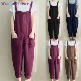 wangcai01 Women's Jumpsuits Rompers 4XL Womens Sevess Dungarees Rompers Cotton Linen Jumpsuit Loose Preppy Sty Pants Casual Pocket Overalls Playsuits 0316H23