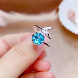 Cluster Rings Fish Ring Natural Topaz Finger Real Blue 925 Sterling Silver