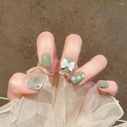 False Nails 24pcs French Manicure Green Full Cover Fake Short Almond Drill Flower