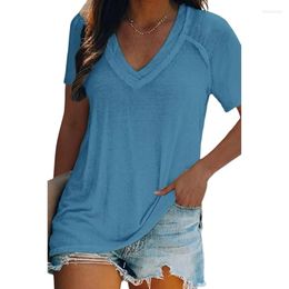 Women's T Shirts 066C Women V-Neck Short Sleeve T-Shirt Crimped Patchwork Loose Solid Colour Tunic Top