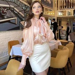 Women's Blouses & Shirts Spring Satin Blouse Fashion Big Bow Casual Puff Sleeve Blusas Female Solid Baggy Tunic Oversized Chemis