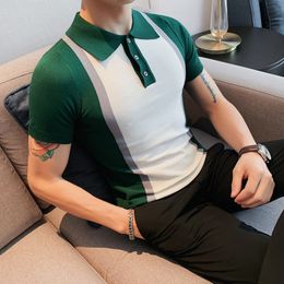 Men's Polos Summer Short Sleeve Ice Silk Men POLO Shirt Business Fashion Turn Down Collar Slim Fit Casual Knitted Tee Shirt Homme S-4XL 230316