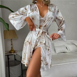 Womens Sleepwear 3pcs Women Sexy Lingerie Lace Satin Camisole Nighty Robe Pyjamas Set Sleep Wear Homewear Nightgown