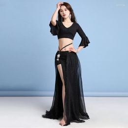 Stage Wear Women Class Dance Clothes Sequins Top And Skirt Side Slit 2 Piece Outfit Belly Costume Set For Girls (with Panties)