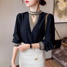 Women's Blouses Vintage Embroidery Satin Blouse Women Sexy V Neck Office Ladies Shirts Casual Long Sleeve Spring Autumn Party Tops Mujer