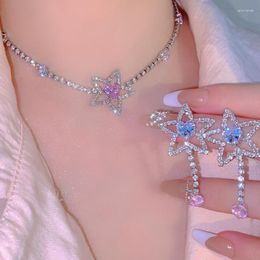 Choker Sparkling Rhinestone Pentagram Star Love Heart Necklace For Women Luxury Romantic Stud Earrings Exquisite Fashion Jewellery