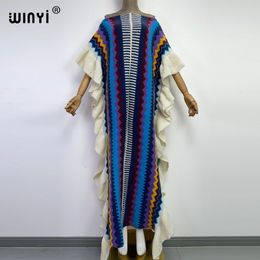 Casual Dresses WINYI knitting Rainbow printing Comfort Warm winter fashion Holiday dress Elegant Africa Women Boho party long dress 230316